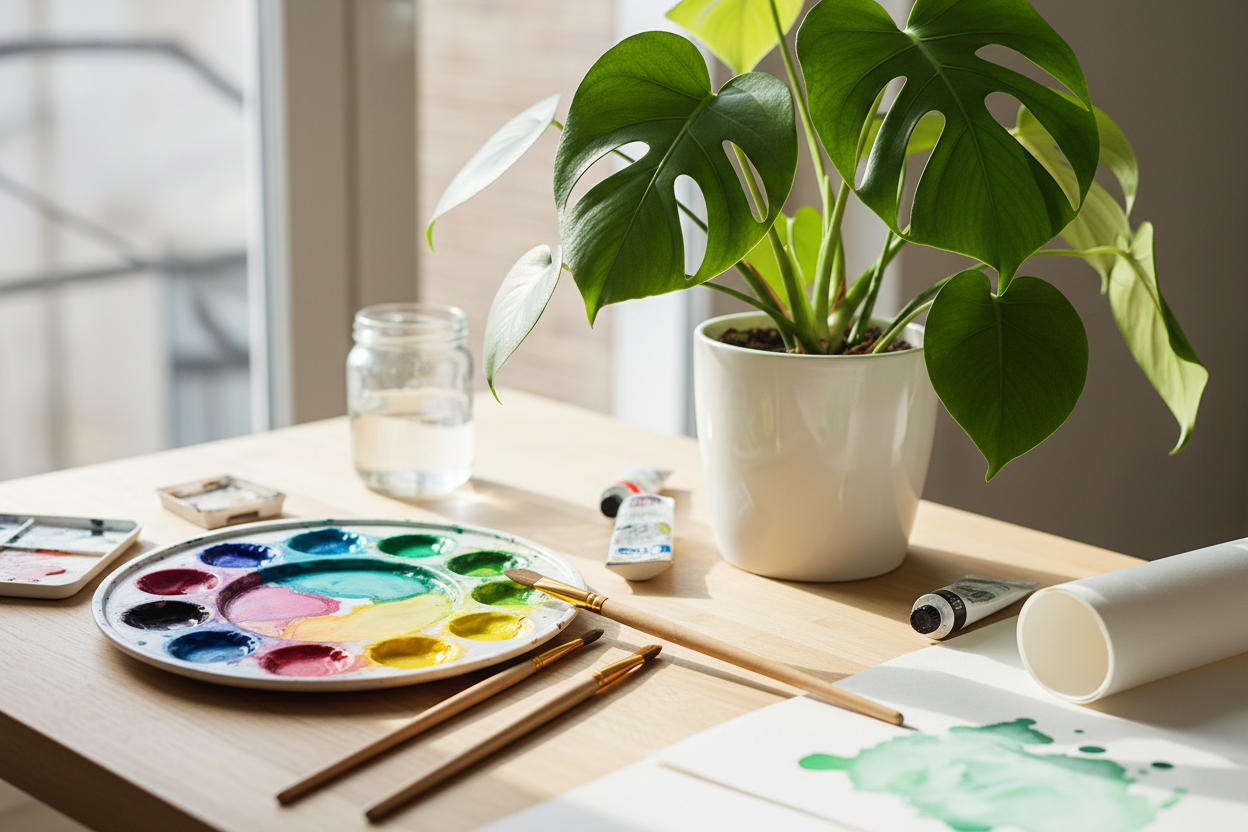 website banner with a watercolor palette on bright desk with a plant and paintbrushes